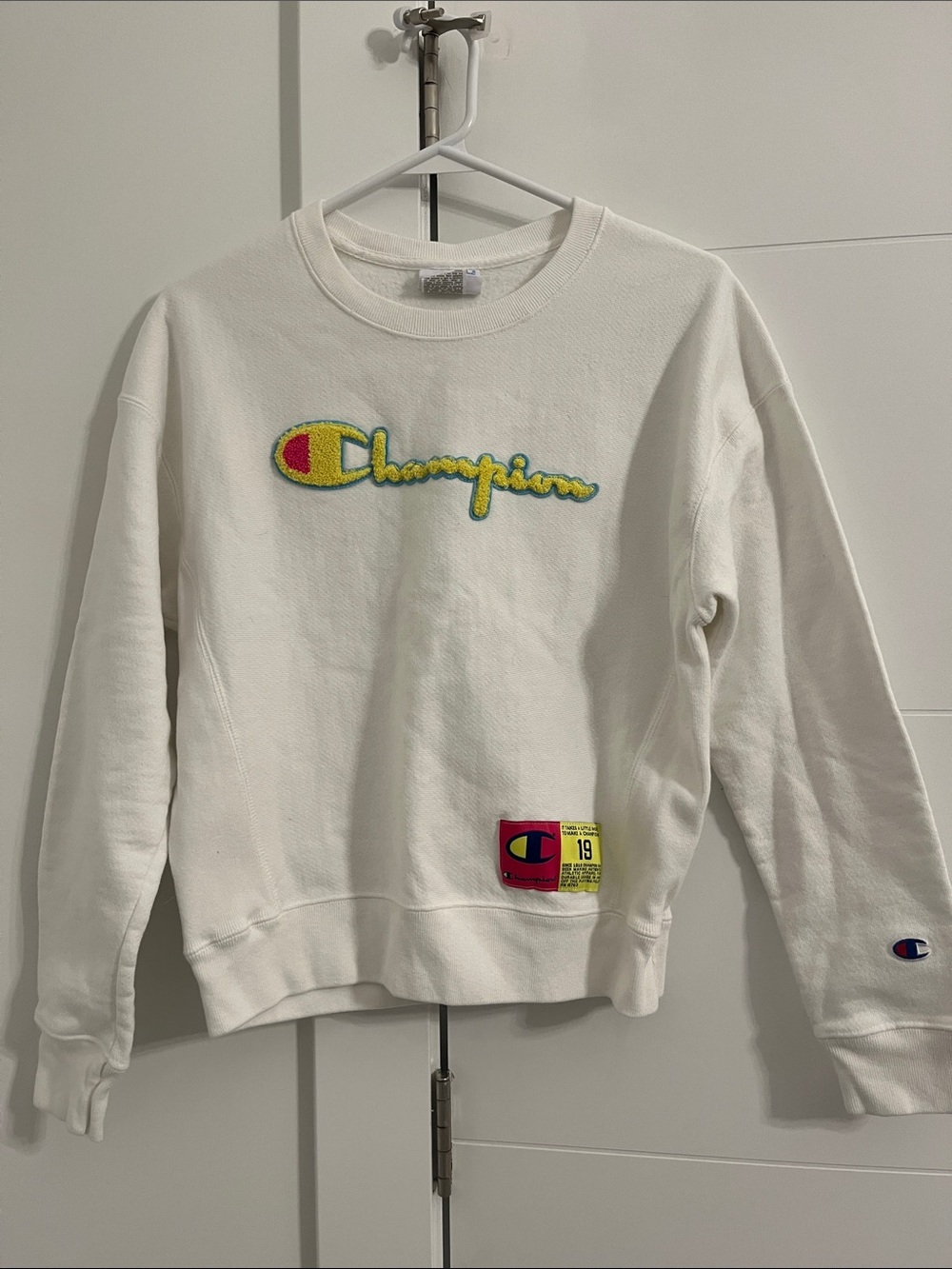 Champion White Sweatshirt with Yellow & Red Script Logo
